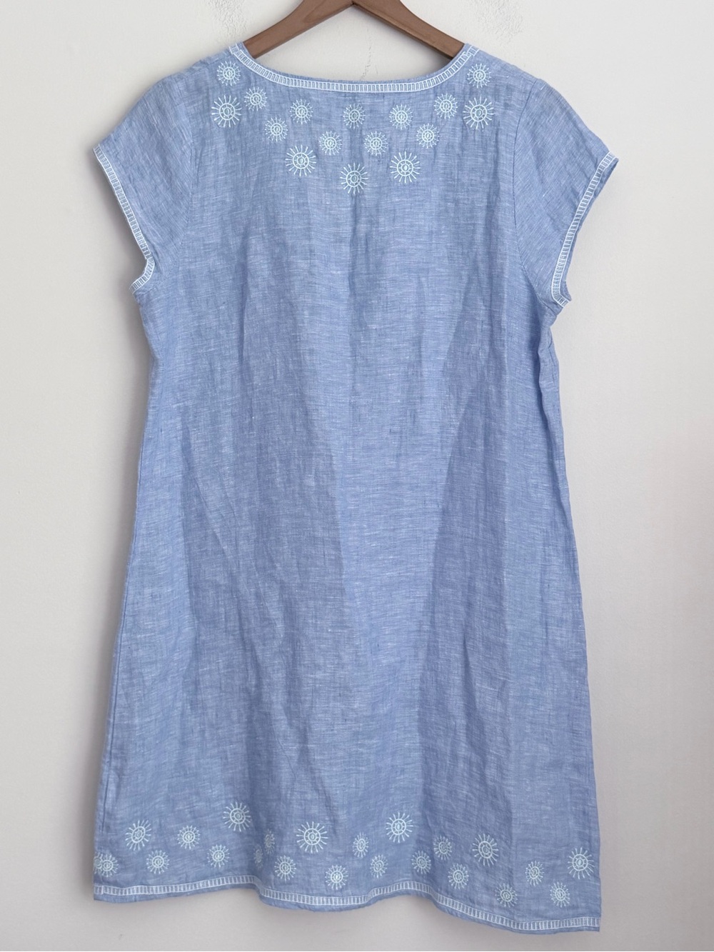 HiHo chambray Blue geometric embroidery Beachy Linen Tortola Dress Women's M - Picture 2 of 6